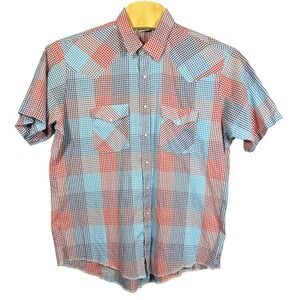 Western Frontier Shirt Mens XL Short Sleeve Pearl Snap Red Blue White Plaid USA